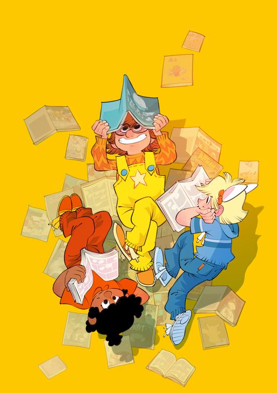 drei im comicc-Stil gemalte Kinder liegen auf dem Boden und lesen Comics.esen in HeftenKinder
