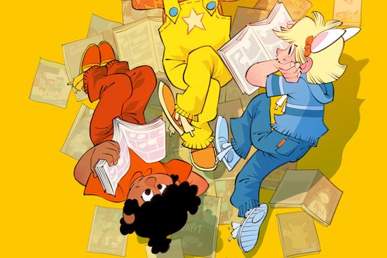 drei im comicc-Stil gemalte Kinder liegen auf dem Boden und lesen Comics.esen in HeftenKinder